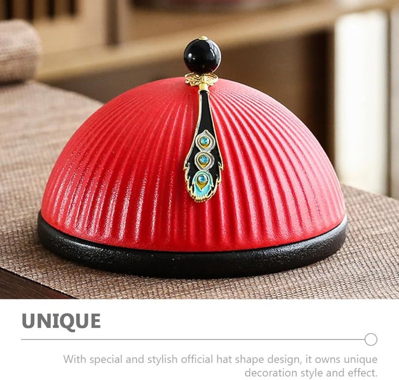 منفضة سجائر خزفية حمراء كلاسيكية على شكل قبعة مع غطاء للمكتب المنزلي - Image 3